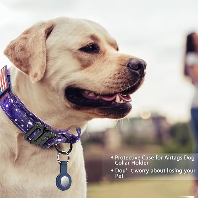 DAGANXI Tactical Dog Collar, Adjustable Military Training Nylon Dog Collar with Control Handle and Heavy Metal Buckle for Medium and Large Dogs, with Patches and Airtags Case (M, Purple Sky)