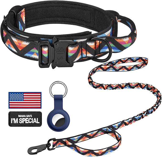 DAGANXI Tactical Dog Collar, Adjustable Military Training Nylon Dog Collar with Control Handle and Heavy Metal Buckle for Medium and Large Dogs, with Patches & Airtags Case (M, Colorful Triangle-Set)