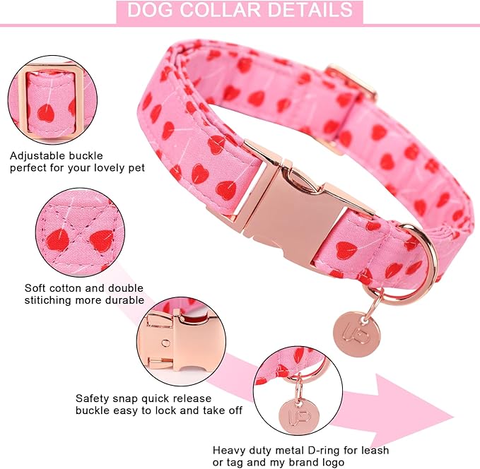 Valentine's Dog Collar, Pink Heart Pattern, Cotton, Adjustable Size, Metal Buckle, Medium, Pink, For Small, Medium, Large Dogs or Cats