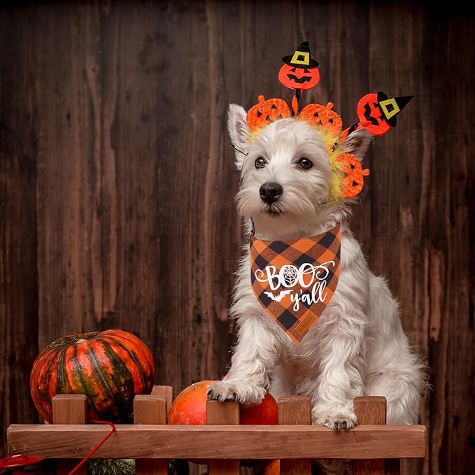 PTDECOR Dog Halloween Bandanas, Classic Orange Purple Plaid Pet Bandana, Multi Size, Triangle Halloween Bandanas for Small Dogs Pets (Small)