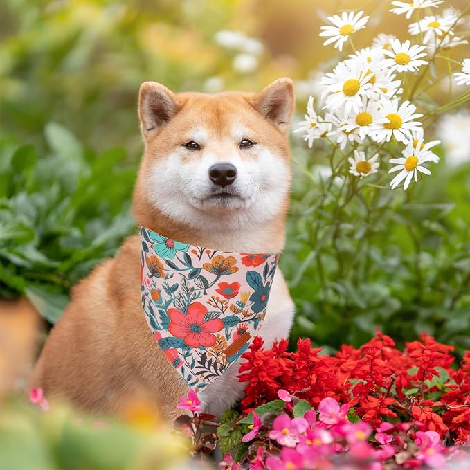 PTDECOR Flower Dog Bandana,2 Pcs Floral Reversible Dog Scarf, Multi Size, Triangle Pet Bandanas for Medium Large Dogs (Flower, Large)