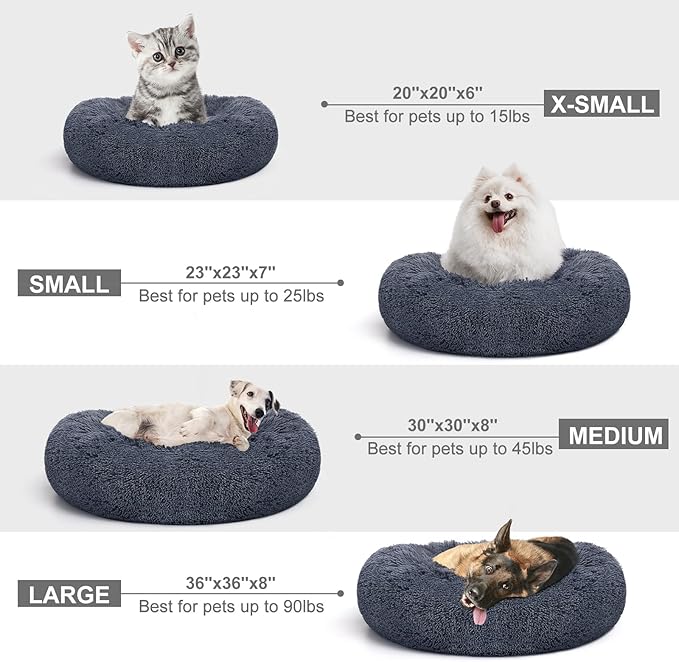 MIXJOY Calming Cat Beds for Indoor Cats, 20'' Kitten Donut Bed for Pet Up to 15lbs, Fluffy Small Cat Cuddler Bed, Anti-Anxiety Plush Faux Fur Large Cat Bed Washable (20'', Grey-Blue)