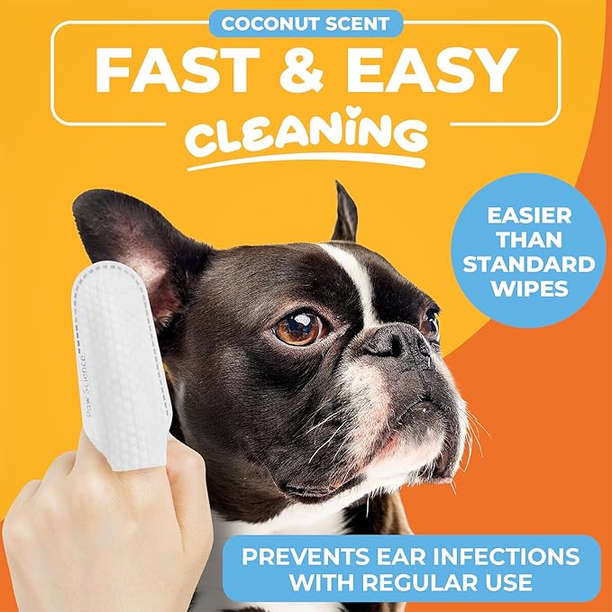 Dog Ear Cleaner Wipes – Finger Wipes for Dogs – Cleaning, Soothing, and Deodorizing Itchy Ears – Pet Ear Relief Solution - Coconut Scent