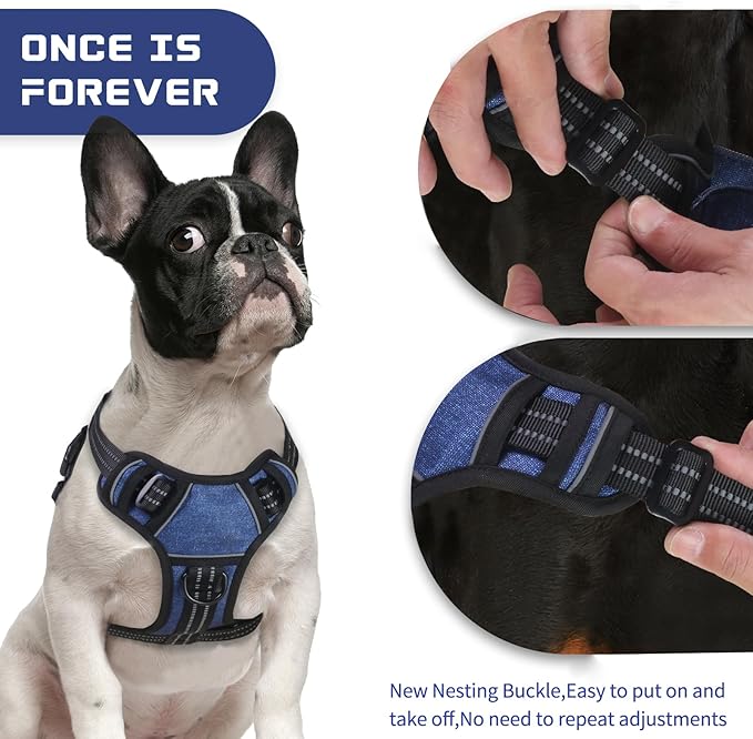 BUMBIN Dog Harness for Large Dogs, No Pull Adjustable No Choke Pet Vest with Dog Leash Fit Smart Reflective Pet Walking Harness for Training Easy Control Soft Handle Denim Blue XL