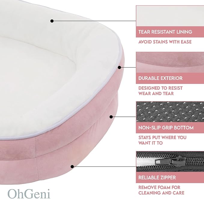 OhGeni Orthopedic Dog Couch Large Sized Pet Beds for Fathers Gifts with Comfort Foam Support, Soft Indestructible Fabric, Machine Washable Waterproof Removable Cover, 35-Inch (Pink)