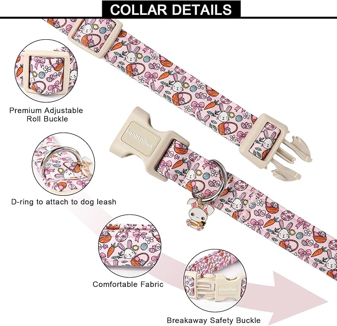 Lionet Paws Easter Dog Collar- Cute Pink Rabbit Eggs Dog Collars with Plastic Buckle, Light Adjustable Dog Samll Collars with Rabbit Pendant for Small Dogs