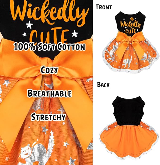 Wickedly Cute Dog Dresses - Halloween & Christmas Pumpkin Witch Bat Costume for Small & Large Dogs (XX-Small, Wickedly Cute)