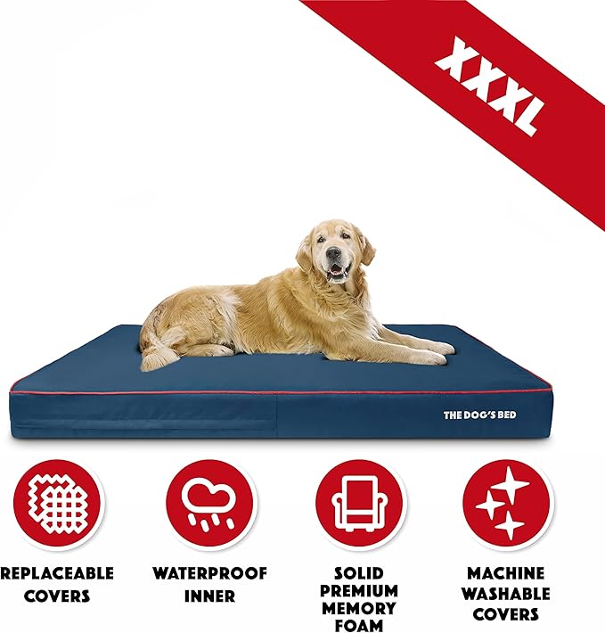 The Dog’s Bed Orthopedic Memory Foam Dog Bed, XXXL Blue/Red 64x44, Pain Relief for Arthritis, Hip & Elbow Dysplasia, Post Surgery, Lameness, Supportive, Calming, Waterproof Washable Cover
