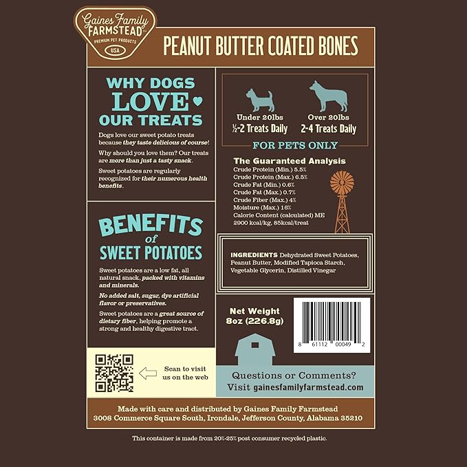 Gaines Family Farmstead Sweet Potato & Peanut Butter Dog Bones – 8 oz, Grain-Free, All-Natural Dog Treats for Digestion, Skin, Energy & Immunity – Limited Ingredient, Made in USA