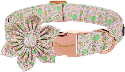 Unique style paws Dog Collar with Flower Tie Pink Avocado Summer Dog Collar for Small Medium Large Dogs with Adjustable Metal Buckle -XL