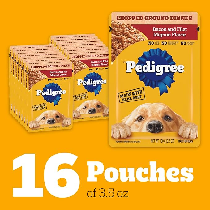 PEDIGREE CHOPPED GROUND DINNER Adult Soft Wet Dog Food, Bacon and Filet Mignon Flavor, 3.5 oz Pouches, 16 Pack
