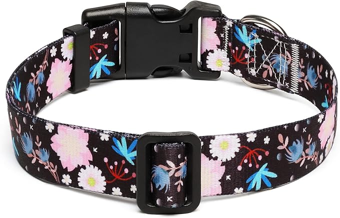 Adjustable Dog Collar with Patterns, Ultra Comfy Soft Nylon Breathable Pet Collar for Small Medium Large Dogs (L, Light Pink Flower)