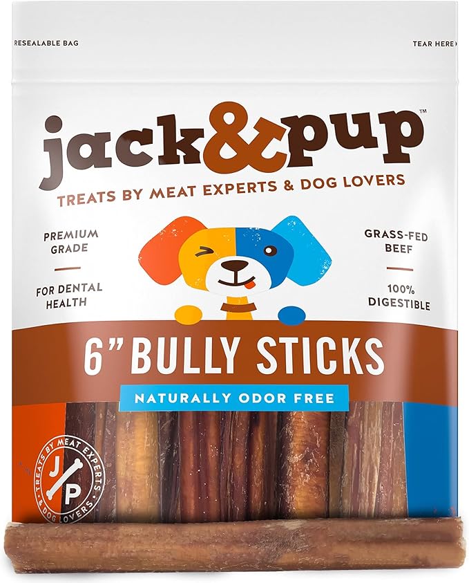 Jack&Pup 6-inch Bully Sticks for Medium Dogs (25 Pack) All Natural Beef Pizzle, Long Lasting Dog Treats, Odor Free