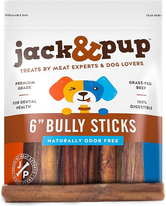 Jack&Pup 6-inch Thick Bully Sticks (5 Pack) Single Ingredient Bully Sticks for Dogs | Long Lasting Pizzle Sticks for Medium Dogs