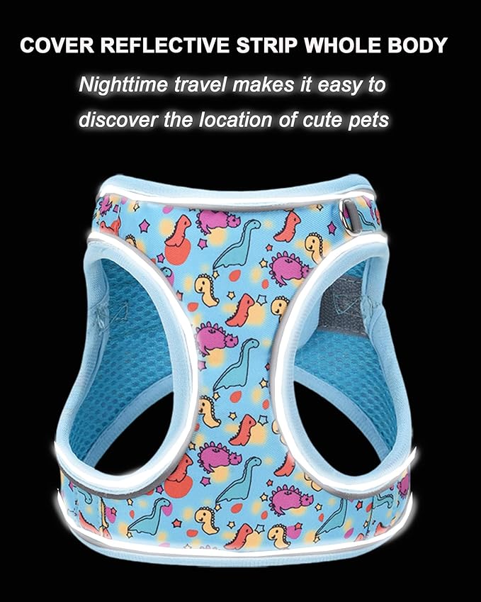 XXS Blue Dinosaur Pattern Dog Harness and Leash Set,No Escape Puppy Harnesses for Training Walking,Breathable Adjustable Puppy Vest for Small Medium Dogs, Cats (Blue, XXS)
