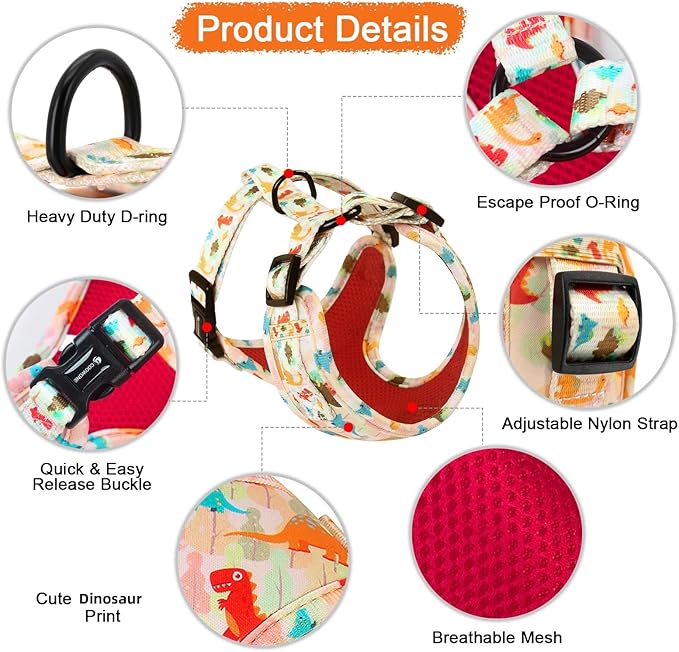 Adjustable Dog Harness and Leash Set for Girl Air Mesh Dog Vest Harness 5Ft Dog Training Leash with Soft Handle Pet Escape Proof for Small Medium Large Dogs (Dinosaur, M)
