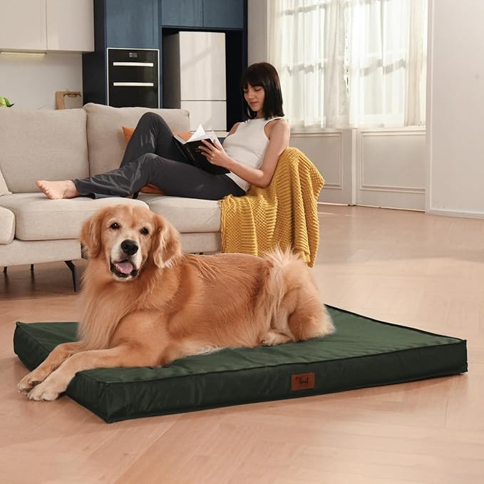 Outdoor All Weather Dog Crate Bed, Waterproof Dog Bed for Medium Dogs, Orthopedic Egg Foam Pet Bed with Removable Cooling Cover, Dark Green
