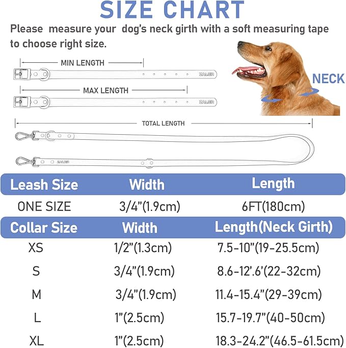 ZALER Dog Collar and Leash Set, Waterproof Adjustable Odor Proof Pet Collars Leashes Easy to Clean, 6FT Dog Leash with 2 Hooks for Large, Medium Small Dogs (L, Blue)