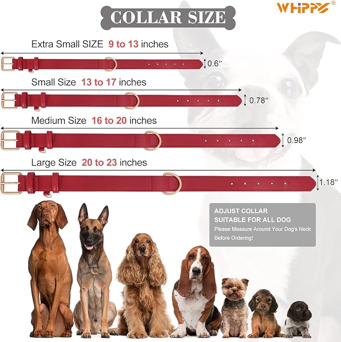 WHIPPY Leather Dog Collar for Small Medium Large Dog Adjustable Soft Breathable Leather Padded Puppy Collar with Alloy Buckle Heavy Duty Waterproof Classic Dog Pet Collar,red,L