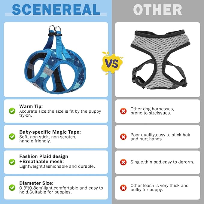 SCENEREAL Dog Harness Collar and Leash Set, Step-in No Pull Pet Vest Harnesses for Small Medium Dogs Puppy Cats, Soft Mesh No-Chock Reflective Vest Harness for Outdoor Walking Running, Blue Plaid XS