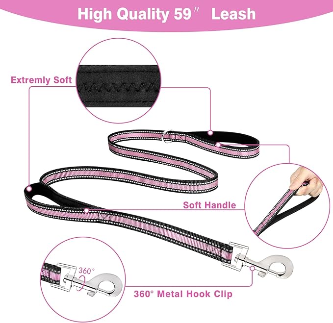 WINSEE Pet Harness Collar and Leash Set, All-in-one Reflective Dog Harness No Pull with Adjustable Buckles for Puppies, Small, Medium, Large, and Extra-Large Dogs (Large, Pink)