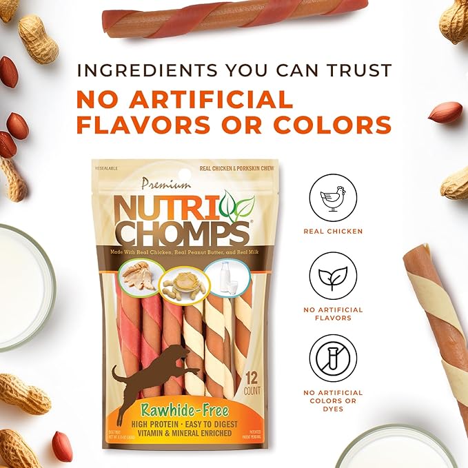 NutriChomps Dog Chews, 5-inch Twists, Easy to Digest, Rawhide-Free Dog Treats, 12 Count, Real Chicken, Peanut Butter and Milk flavors