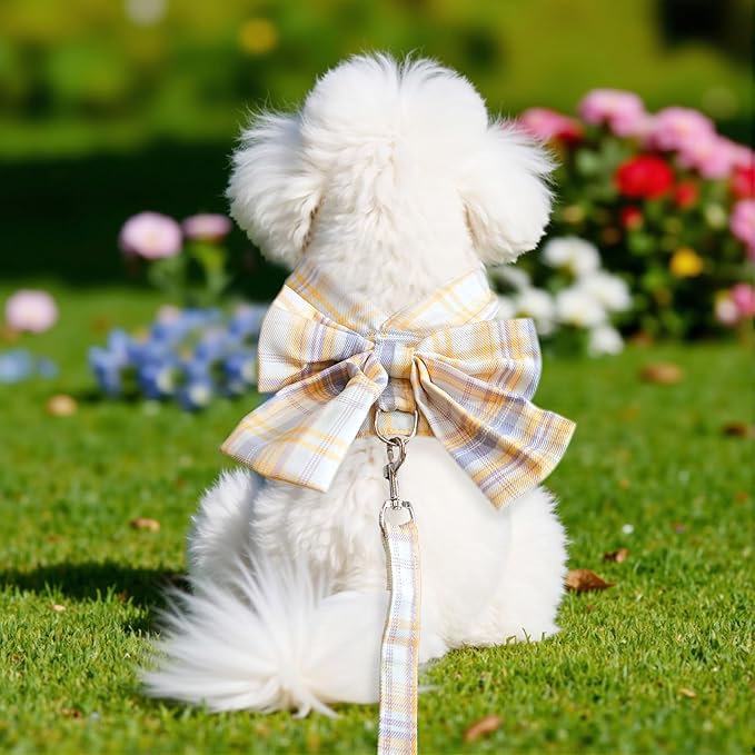 Cute Dog Harness and Leash Set with Bow Tie Soft Mesh Plaid Girl Puppy Harness No Pull Pet Cat Dog Vest Harness for Small Dogs Chihuahua Rabbit Outfit (Yellow,M)