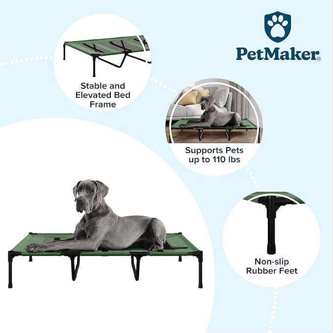 Elevated Dog Bed - 48x35.5-Inch Portable Pet Bed with Non-Slip Feet - Indoor/Outdoor Dog Bed or Puppy Cot for Pets up to 110lbs by PETMAKER (Green)