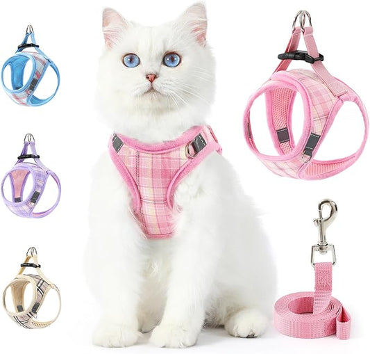 voopet Extra Small Dog Harness and Leash Lightweight Cat Comfort Padded Soft Mesh Vest Step in Dog Harness No Pull No Choke Reflective Small Plaid Girl & Boy Puppy Kitty Walking Harness, Pink XXS