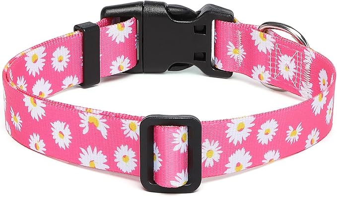 Adjustable Dog Collar with Patterns, Ultra Comfy Soft Nylon Breathable Pet Collar for Small Medium Large Dogs (S, Pink Daisy)