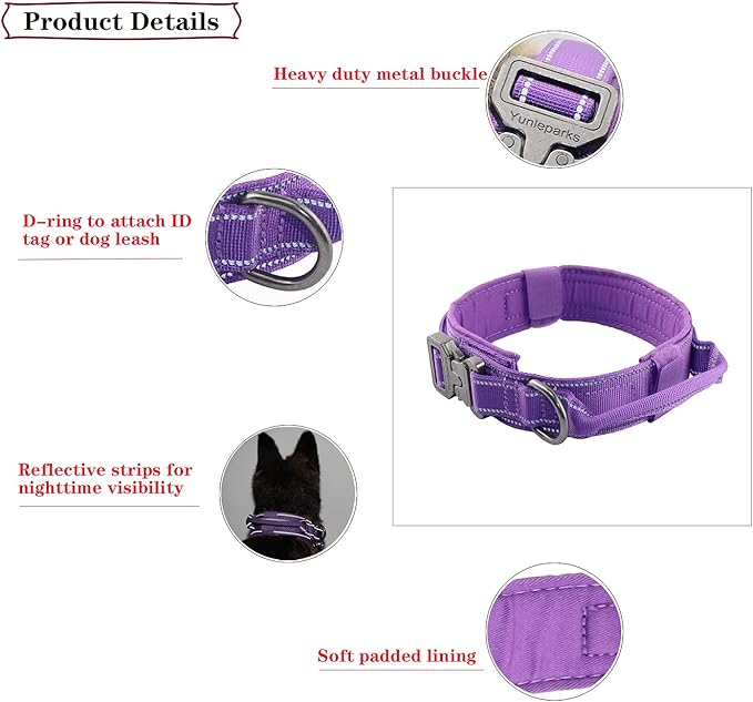 Tactical Dog Collar with Heavy Duty Metal Buckle and Control Handle for Medium Large Dogs Training(Purple, Large)