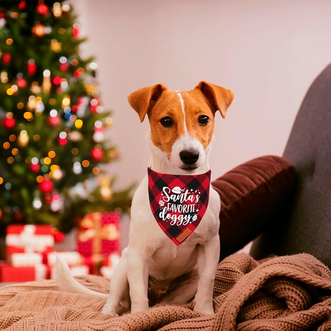 PTDECOR 2 Pack Dog Christmas Bandanas, Classic Red Green Plaid Pet Scarf Triangle Bibs Kerchief Christmas Bandanas for Medium Large Dogs Pets (Large)