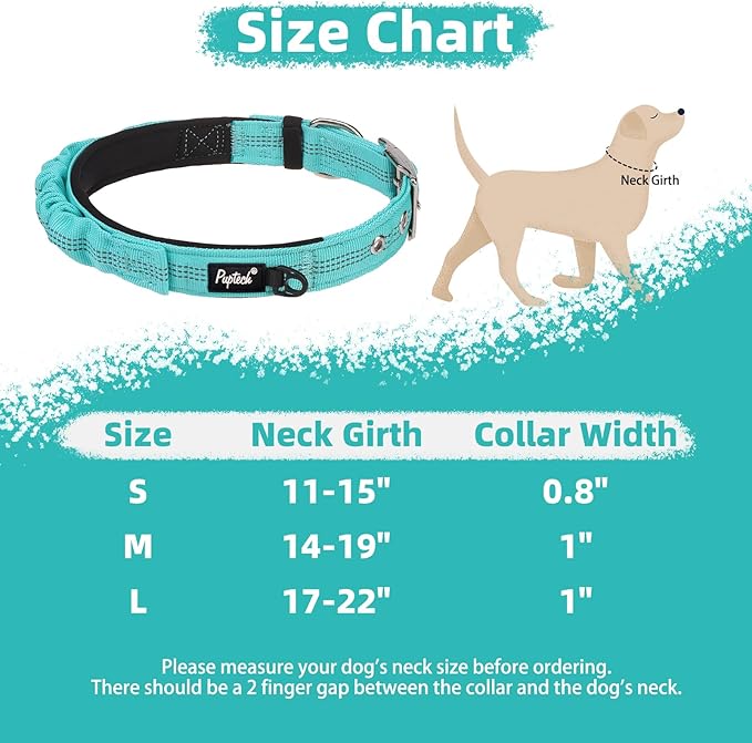PUPTECK Heavy Duty Dog Collar with Handle Bungee for Small Medium Large Dogs, Tactical Dog Training Collar for Easy Control, Reflective Padded Dog Collars for Walking Running, Turquoise, S