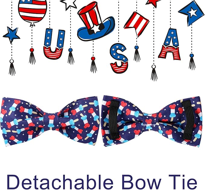 American Flag Dog Collar with Bow Tie, 4th of July Comfortable Cotton Cute Dog Collar with Metal Buckle, Patriotic Bowtie Collar for Puppy Girl Boy Dog or Cat, XS
