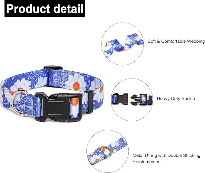 Adjustable Dog Collar with Patterns, Ultra Comfy Soft Nylon Breathable Pet Collar for Small Medium Large Dogs (M, Daisy)