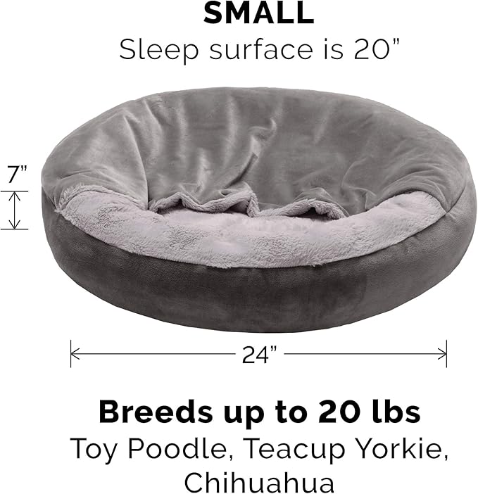 Furhaven 24" Round Calming Donut Dog Bed for Indoor Cats & Small Dogs, Washable, For Dogs Up to 20 lbs - Plush Velvet Waves Hooded Donut Bed - Dark Gray, Small