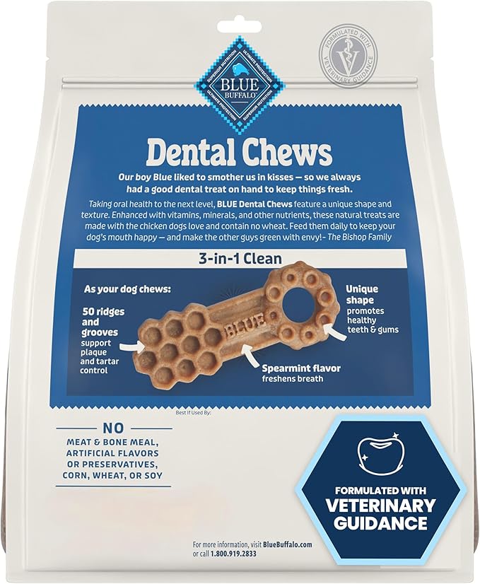 Blue Buffalo Dental Chews Large Natural Dog Treats, Chicken & Spearmint 22-oz Bag (14 Count)