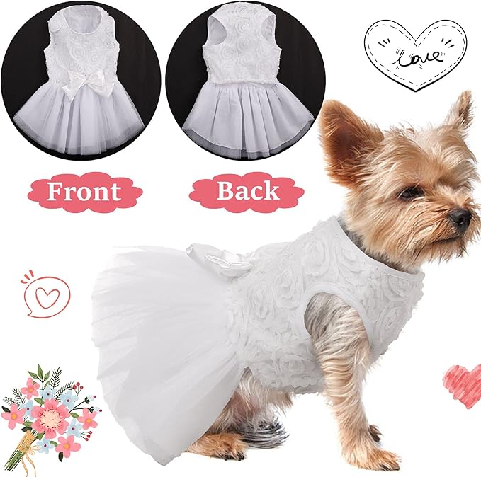 QBLEEV Dog Dress - White Lace Tutu Skirt for Small Dogs, Wedding Attire, Sweet Princess Dress with Bowknot, Puppy Bride Halloween Costume Summer Apparel Formal Clothes for Wedding Party Holiday, S