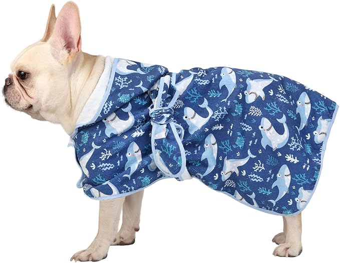 HDE Dog Bathrobe Super Absorbent Quick Drying Towel with Hood for All Dog Breeds Sizes S-XXL - Sharks - M