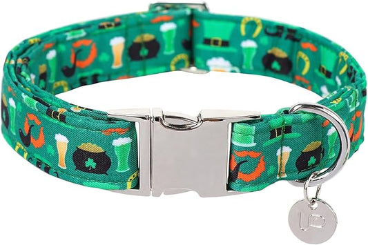 St. Patrick's Dog Collar, Cotton St. Patricks Clover Collar for Puppy Girl Boy Dog or Cat, Lucky Shamrock Dog Collar with Metal Buckle, Green, Spring, M