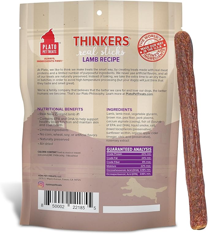 Plato Pet Treats Thinkers - Meat Stick Treats for Dogs - Limited Ingredient Dog Treats with EPA and DHA to Support Skin, Coat, and Brain - Air-Dried Dog Treats - Thinkers Lamb 10oz