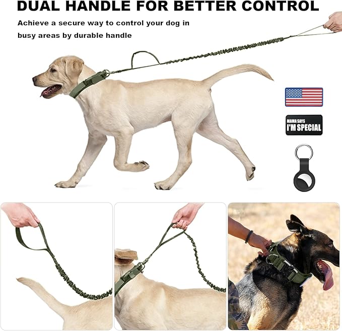 Tactical Dog Collar and Bungee Leash, Camo Military Dog Collar & Leash Set with USA American Flag Adjustable K9 Collar with Heavy Duty Metal Buckle & Handle,with Patches and Airtags Case (L, Green)