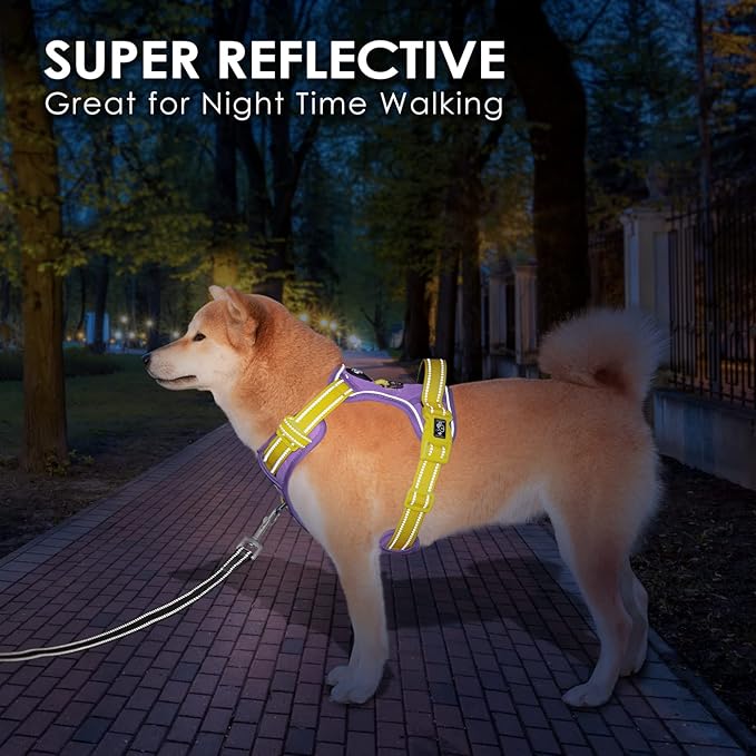 PHOEPET No Pull Dog Harness, Unique Colors Reflective Adjustable Dog Vest, with Soft Training Handle Metal Clips for Small Medium Large Dogs (Baby Purple Base & Yellow Straps,M)