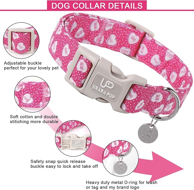 Valentine’s Dog Collar, Pink Heart Dog Collar with Quick Release, Valentine’s Gift Pet Collar for Puppy Girl Boy Dog, Wedding Dog Collar