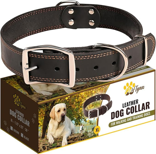ADITYNA Heavy Duty Leather Dog Collar for Extra-Large Dogs - Soft and Strong Black Leather Collar for XL Breeds (Extra-Large: Fit 22" - 30" Neck, Black)
