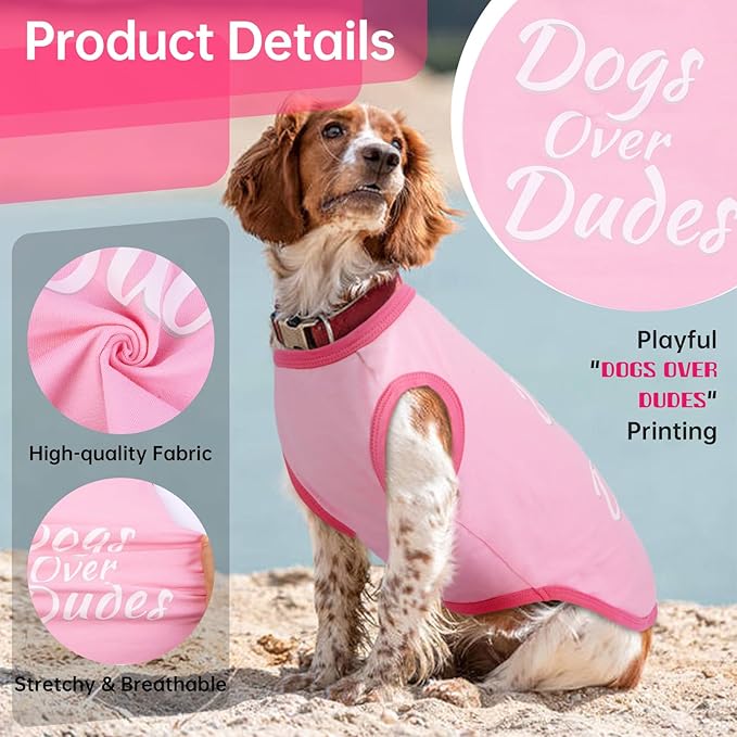2 Pack Dog Shirts Funny Pet Vest with 'Dogs Over Dudes’Print,Sleeveless Tank Top Breathable & Stretchy Tshirts for Sun Protection Sensitive Skin Soft Dog Clothes for Summer Black+Pink, XS