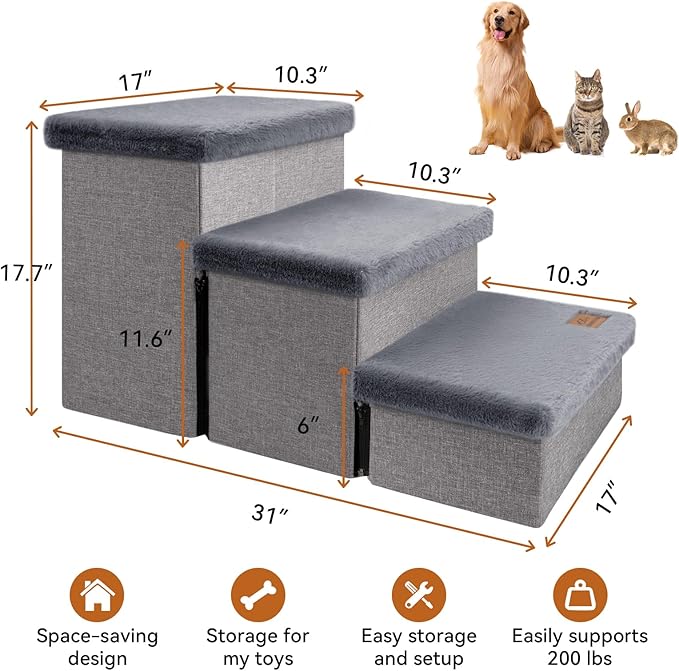 Dog Stairs with Furry Lids 18" H, 3-Step Wider Dog Steps with Storage for Small/Medium/Large Old Dogs Cats, Folding Sturdy Pet Stairs Climbing Bed Couch, Ramp for Car Hold Up to 200 lbs, Grey