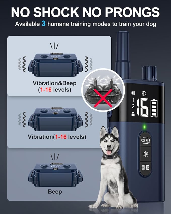 No Shock Dog Training Collar with Remote, Dog Vibration Collar with Controller Beep and Vibrate Only, Safe Lock Waterproof Rechargeable Vibrating Collars for Dogs(10-120 lbs)-No Prongs (Navy Blue)