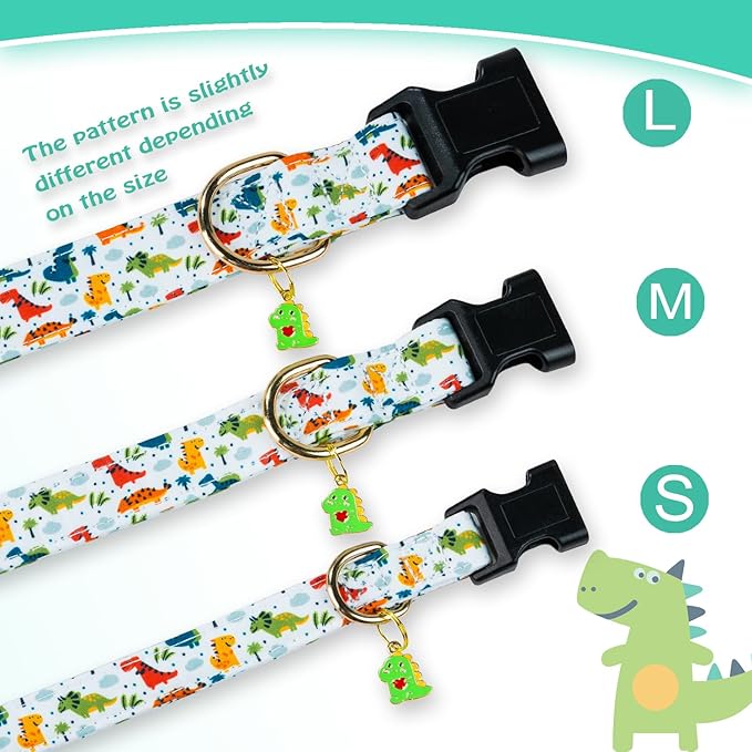 Cute Cotton Dog Collar - Special Design, Soft Adjustable Dinosaur Puppy Collars for Small, Medium, Large Dogs