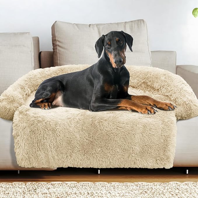 Calming Dog Bed Fluffy Plush Dog Mat for Furniture Protector with Removable Washable Cover for Large Medium Small Dogs and Cats (Extra Extra Large, Beige)